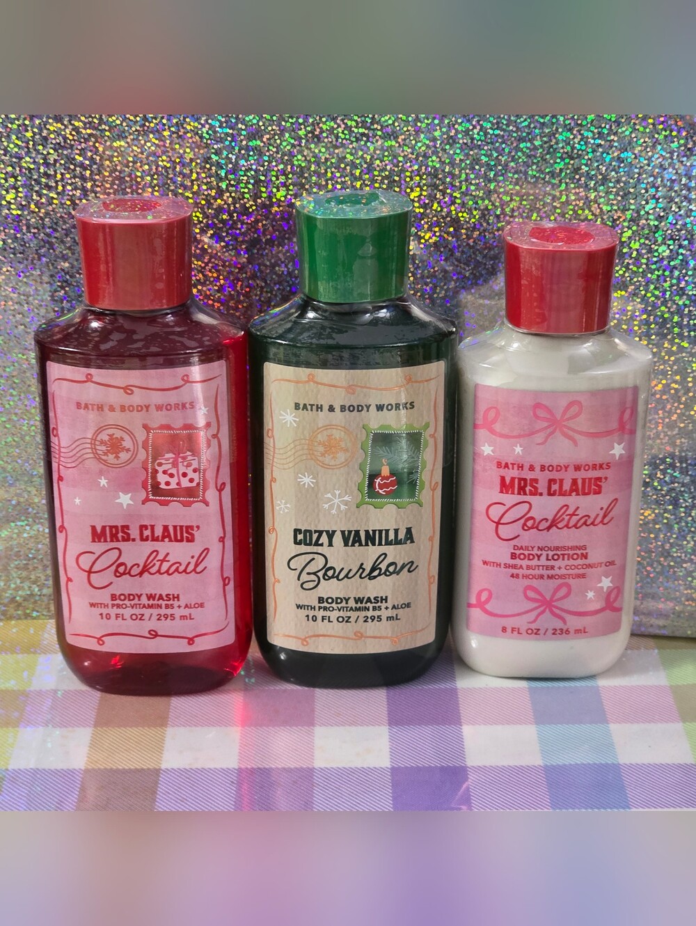 Bath Body Works Mrs Claus Cocktail & Cozy Vanilla Bourbon Body Wash & Lotion Set
